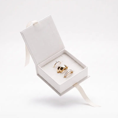 Opened Edorement gift box with gold rings